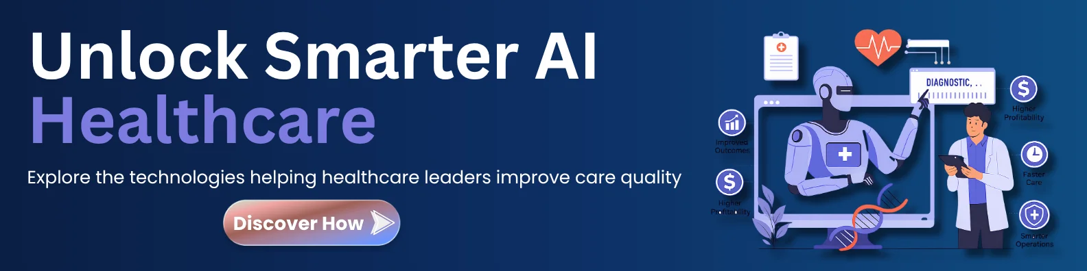 CTA banner highlighting AI-powered healthcare innovation, featuring a medical AI assistant, diagnostic technology visuals, and a call to discover how AI can improve care quality, efficiency, and profitability.