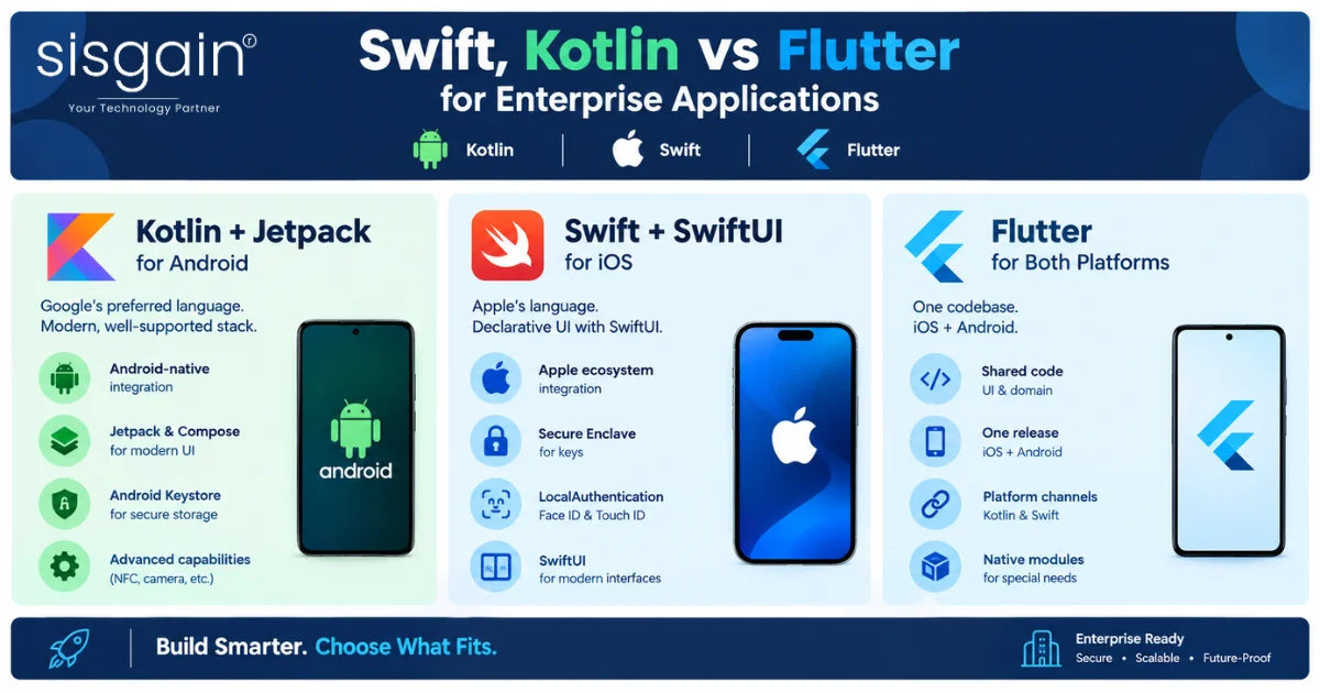 Swift, Kotlin and Flutter for enterprise applications.