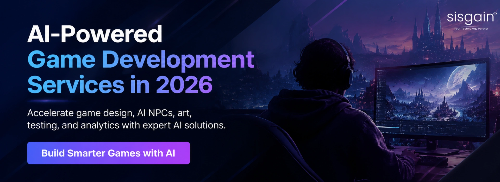 AI-powered game development services banner in 2026