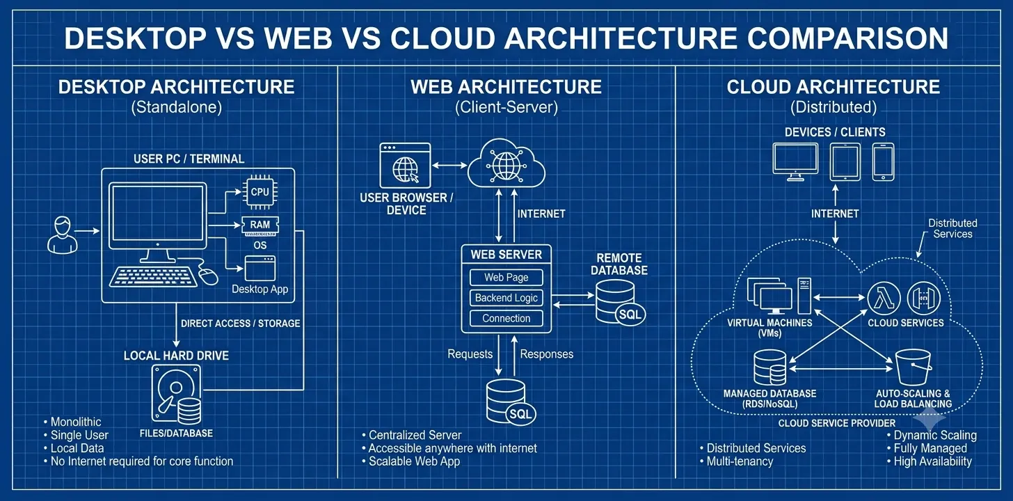 Diagram comparing desktop, web, and cloud application architectures, highlighting infrastructure, data flow, scalability, and deployment models.