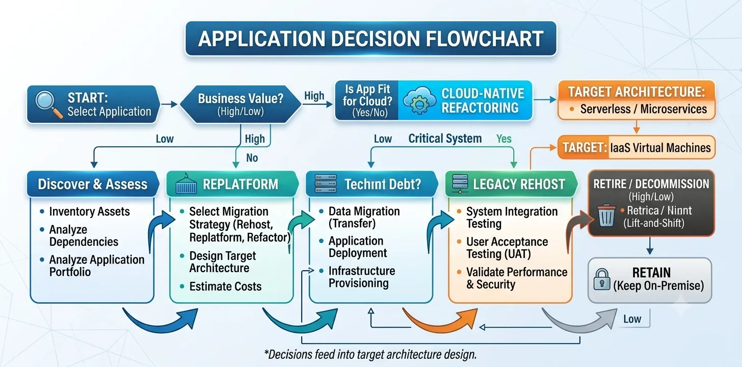 Flowchart illustrating the decision-making process for selecting the right application architecture and cloud migration strategy.
