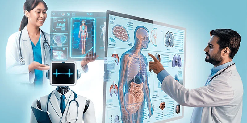 AI-driven healthcare monitoring with futuristic digital overlays